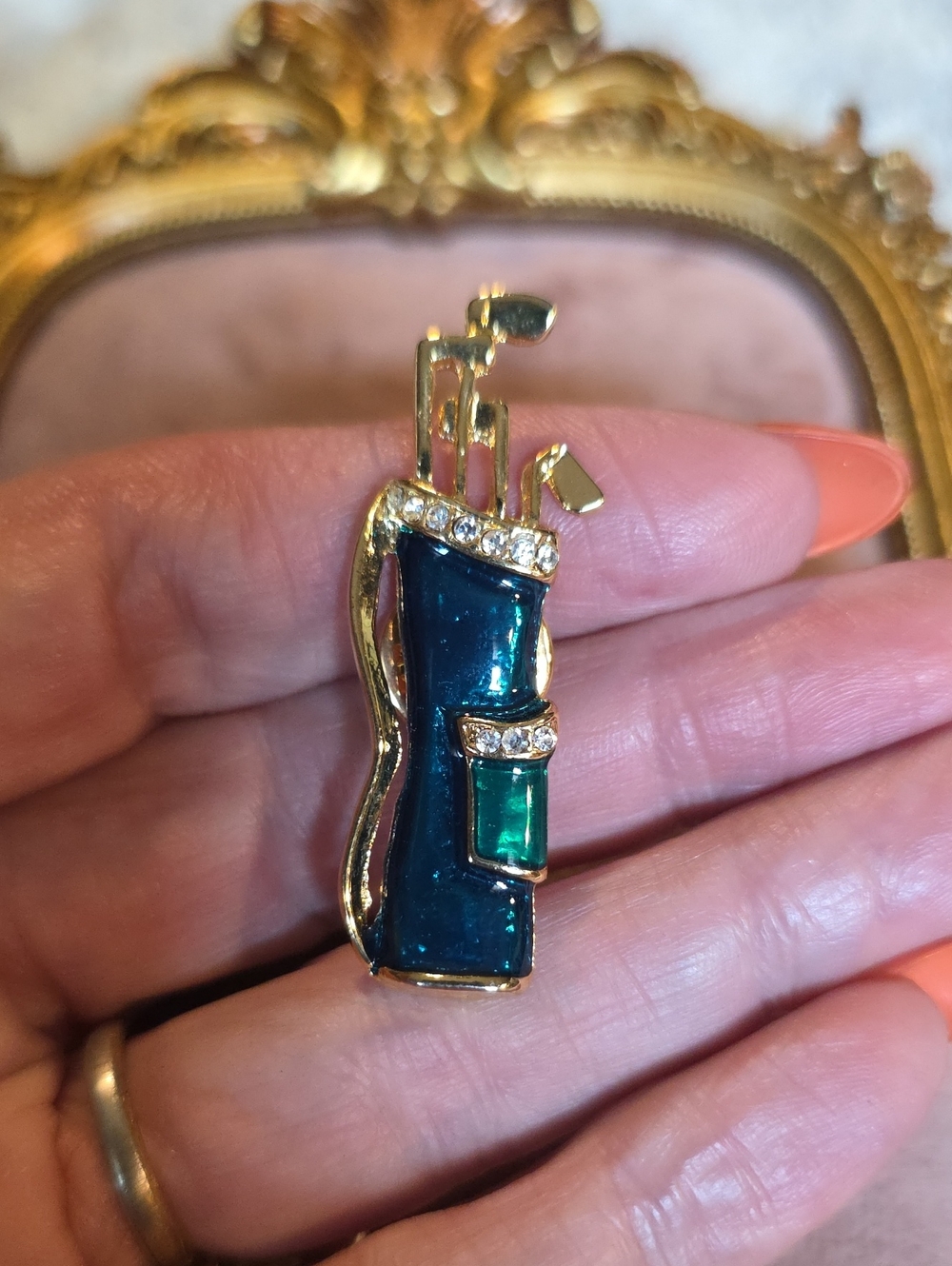 Vintage Krementz Golf Bag Brooch Pin Blue Green Enamel Rhinestone 1.75”